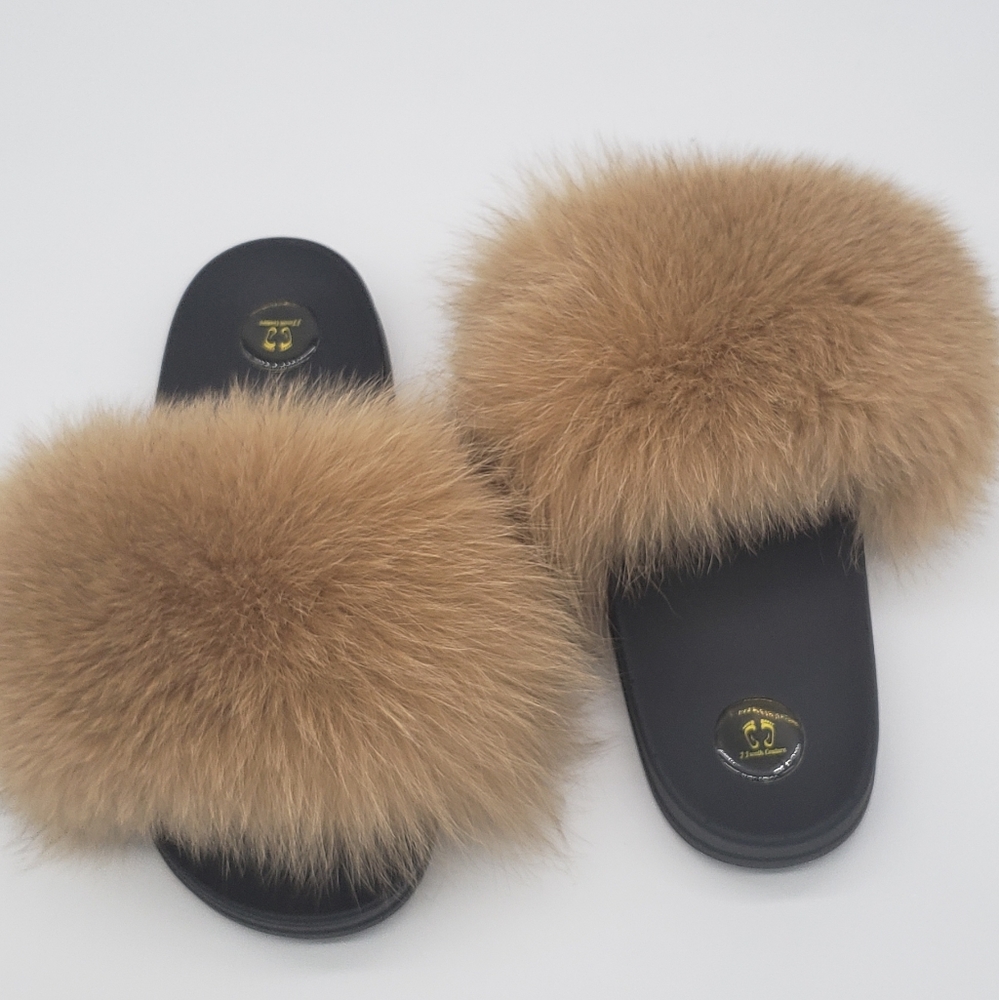 100% Real Beige Fox Fur Fluffy Slippers In-stock Fast Shipping